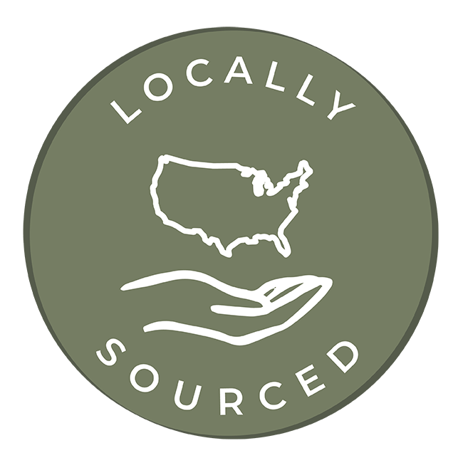 Round green logo featuring an outline of a state on an open hand, with the words "locally sourced" encircling the top. the design emphasizes local sourcing.