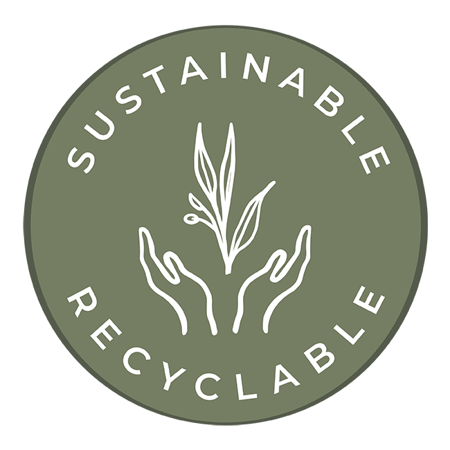 Round green logo with white text "sustainable recyclable" and an illustration of a plant sprouting from human hands, symbolizing care and environmental protection.