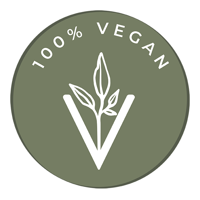 An emblem featuring the text "100% vegan" in white, with a stylized plant design forming a 'v', all set against a circular dark green background.